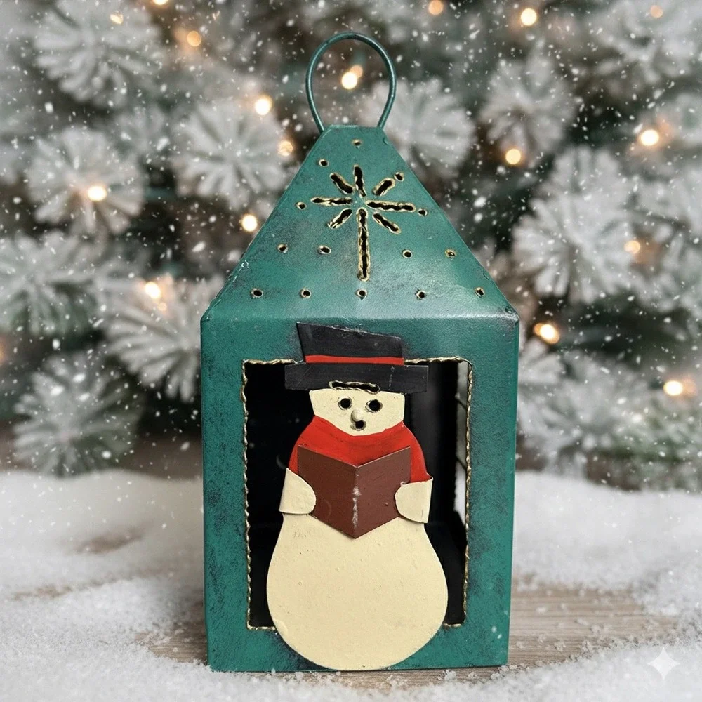 Vintage Style Green Metal Snowman Lantern Christmas Caroler Candle Holder 10